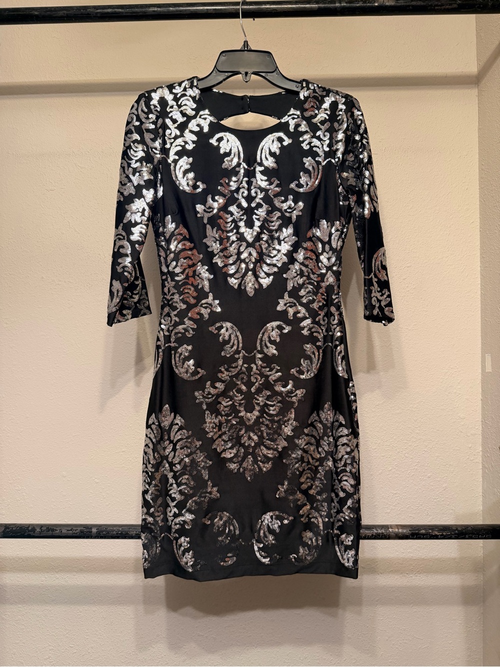 B Darlin Black Mini Dress with Silver Baroque Foil